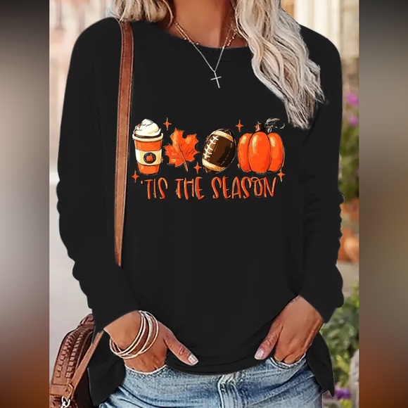 🏈Vibrant Halloween Print Long Sleeve Crew Neck T-Shirt Soft - Picture 1 of 8